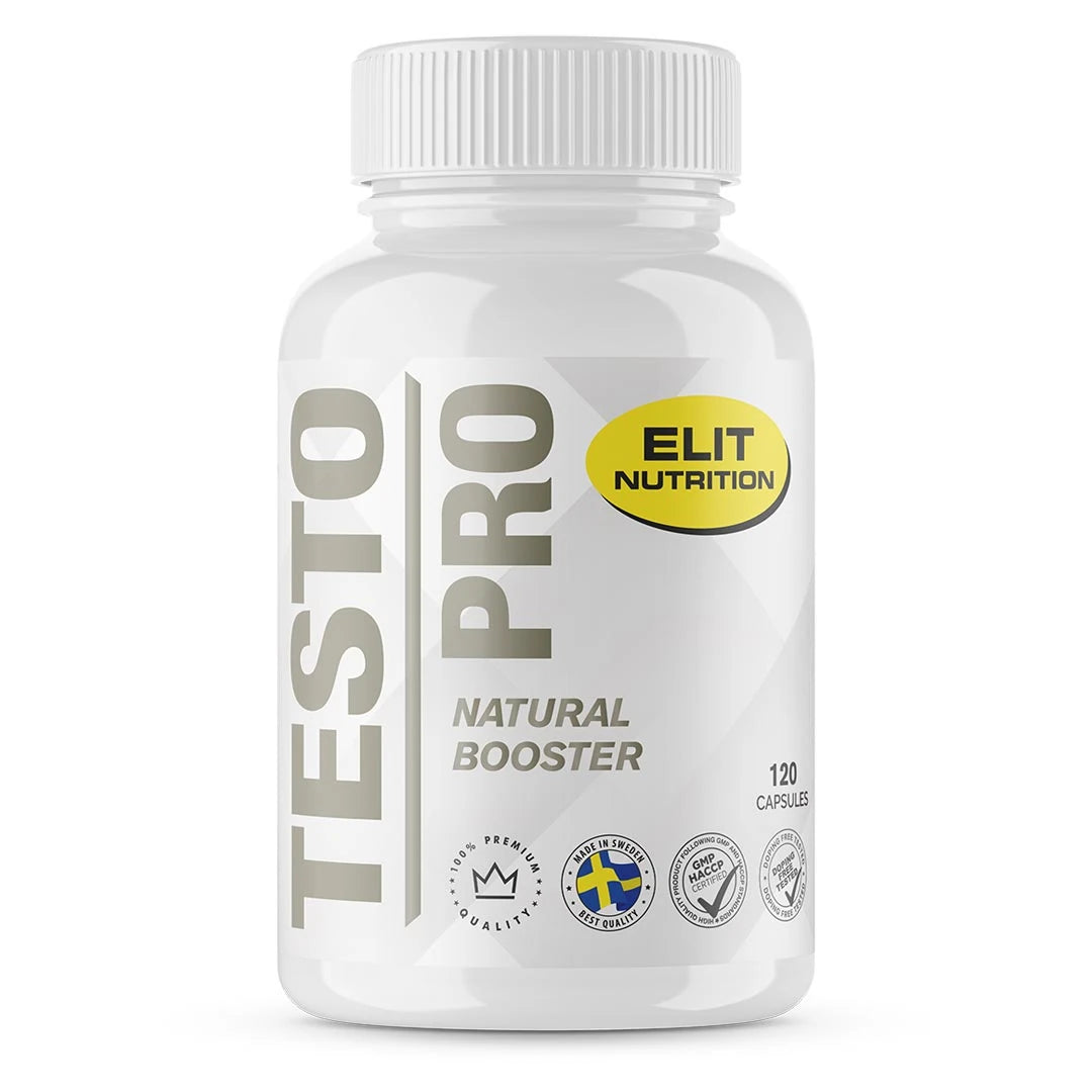 Elit Nutrition Testo PRO 120 caps kosttilskudd i en hvit plastboks med sølvgrå tekst og gule detaljer.