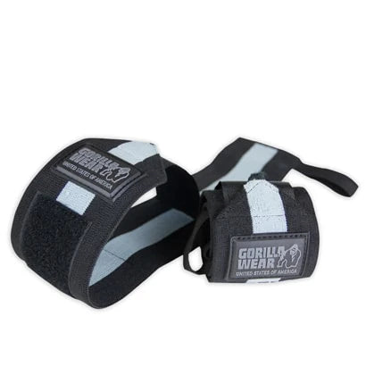Gorilla Wear Wrist Wraps Ultra, svarte og grå håndleddsbind med tommelløkke og logo for trening.