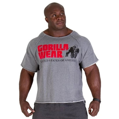 Gorilla Wear Classic Workout Top Grey, en romslig grå trenings-t-skjorte i old school-stil med rødt logotrykk., bilde 1 av 3