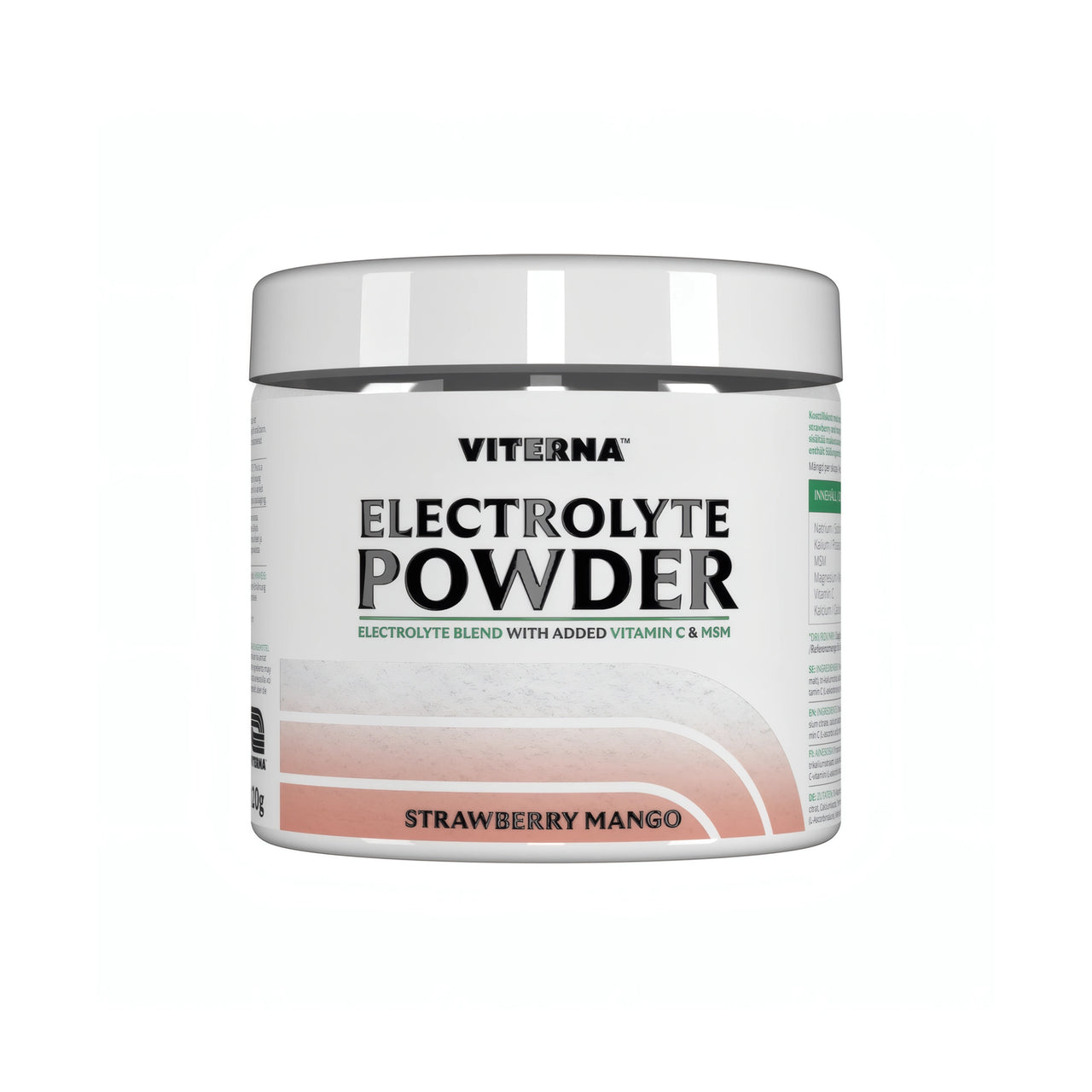 Viterna Electrolyte Powder 120 g elektrolyttpulver i en hvit boks med rosa detaljer for smaken Strawberry Mango.