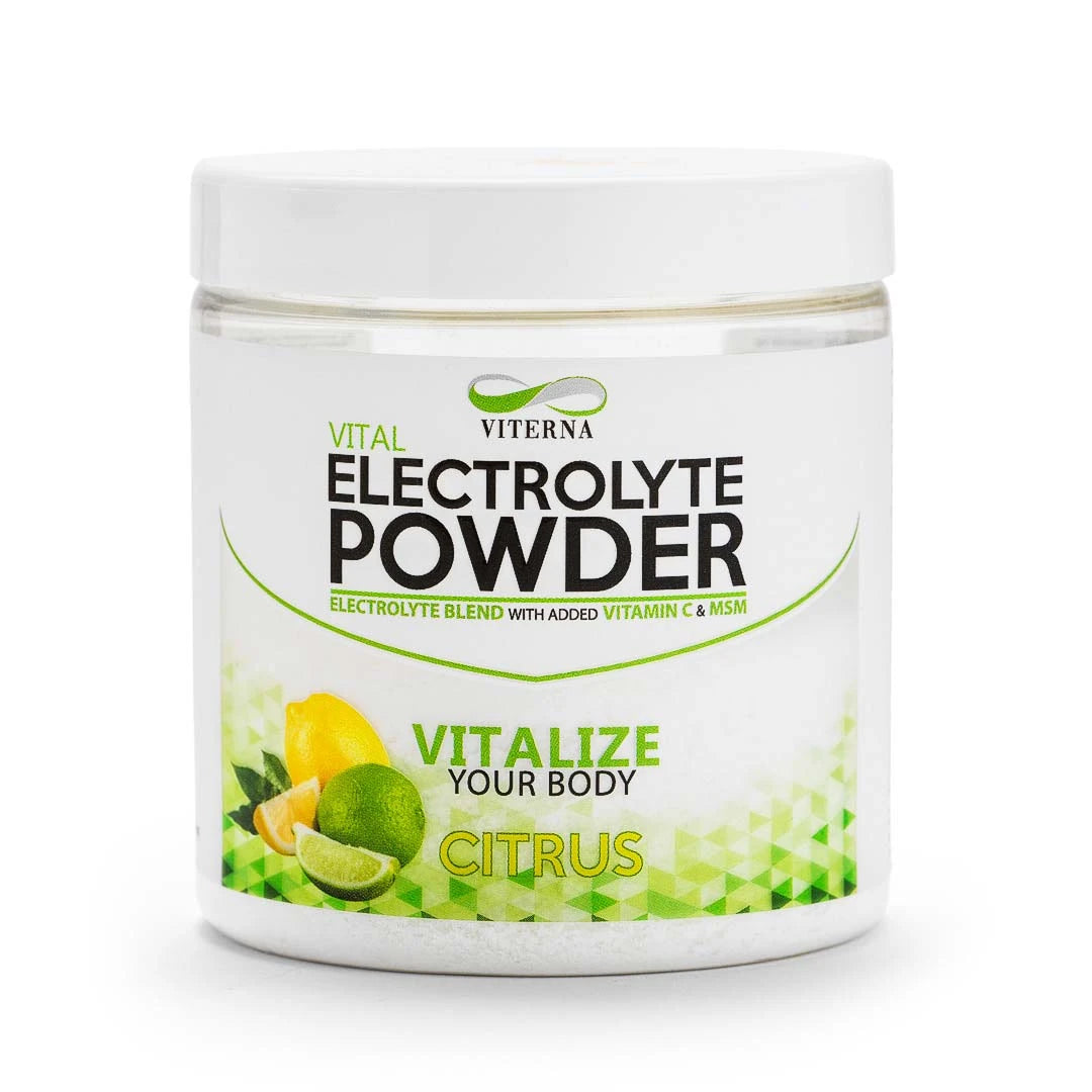 Viterna Electrolyte Powder 120 g elektrolyttpulver i en hvit boks med grønne detaljer for smaken Citrus., bilde 2 av 3