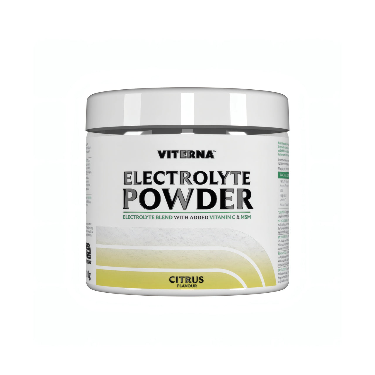 Viterna Electrolyte Powder 120 g elektrolyttpulver i en hvit boks med gule detaljer og smaken Citrus.