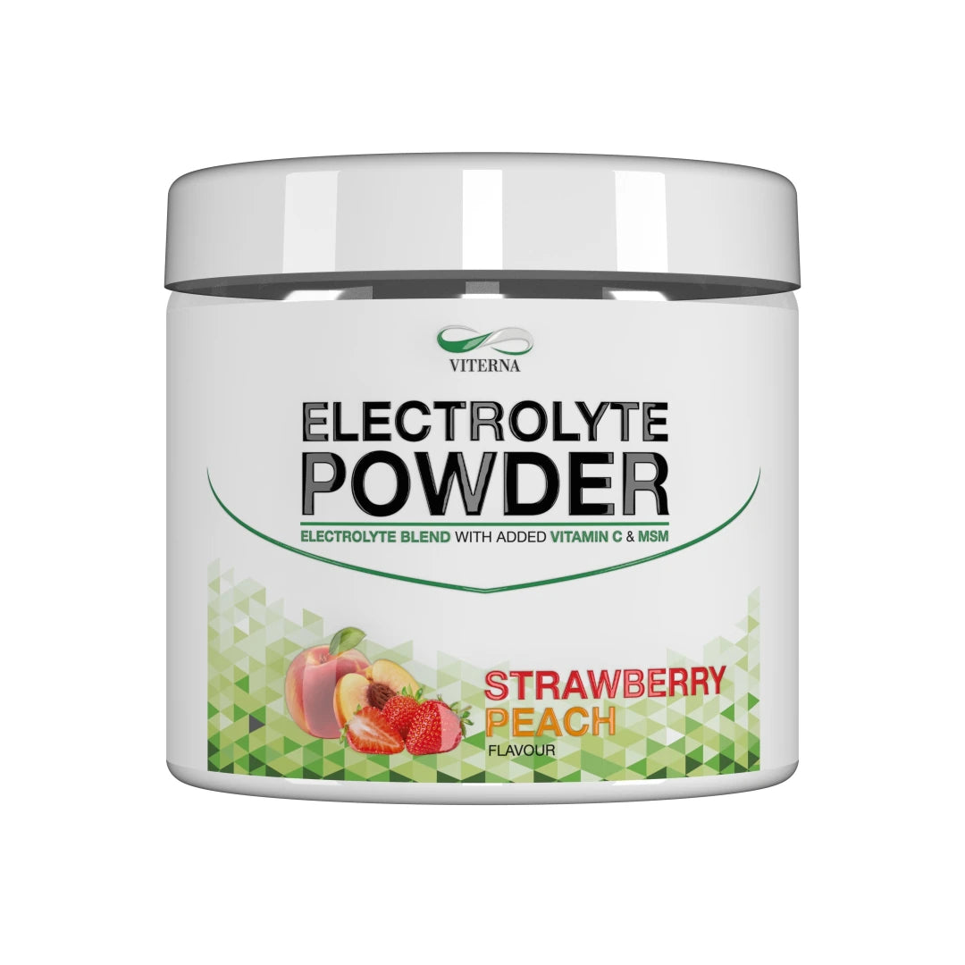 Viterna Electrolyte Powder 120 g elektrolyttpulver i en hvit boks med grønne detaljer for smaken Strawberry Peach., bilde 3 av 3
