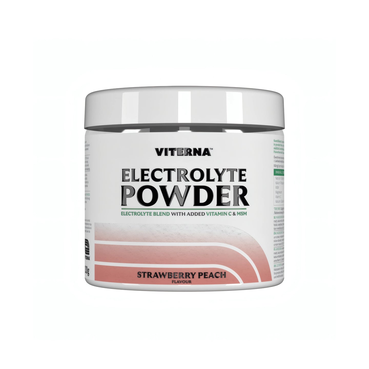 Viterna Electrolyte Powder 120 g elektrolyttpulver i en hvit boks med rosa detaljer for smaken Strawberry Peach., bilde 3 av 7