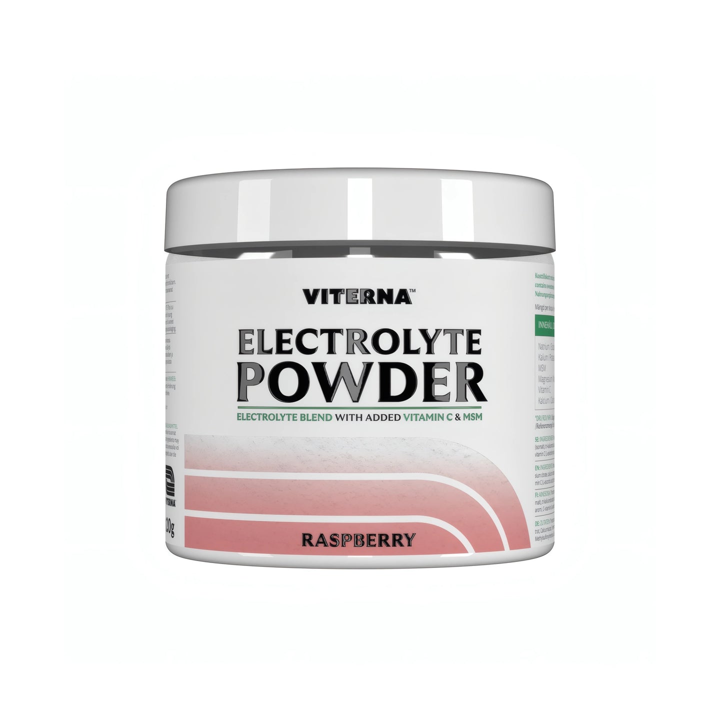 Viterna Electrolyte Powder 120 g elektrolyttpulver i en hvit boks med rosa detaljer for smaken Raspberry., bilde 4 av 7