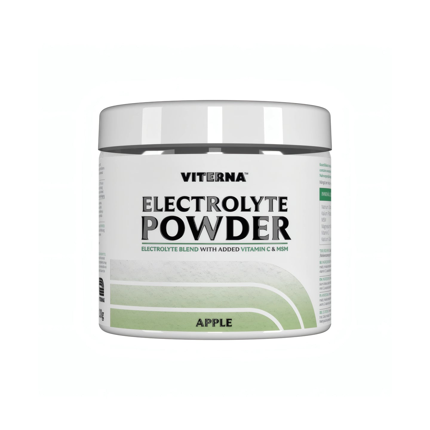 Viterna Electrolyte Powder 120 g elektrolyttpulver i en hvit boks med grønne detaljer for smaken Apple., bilde 5 av 7