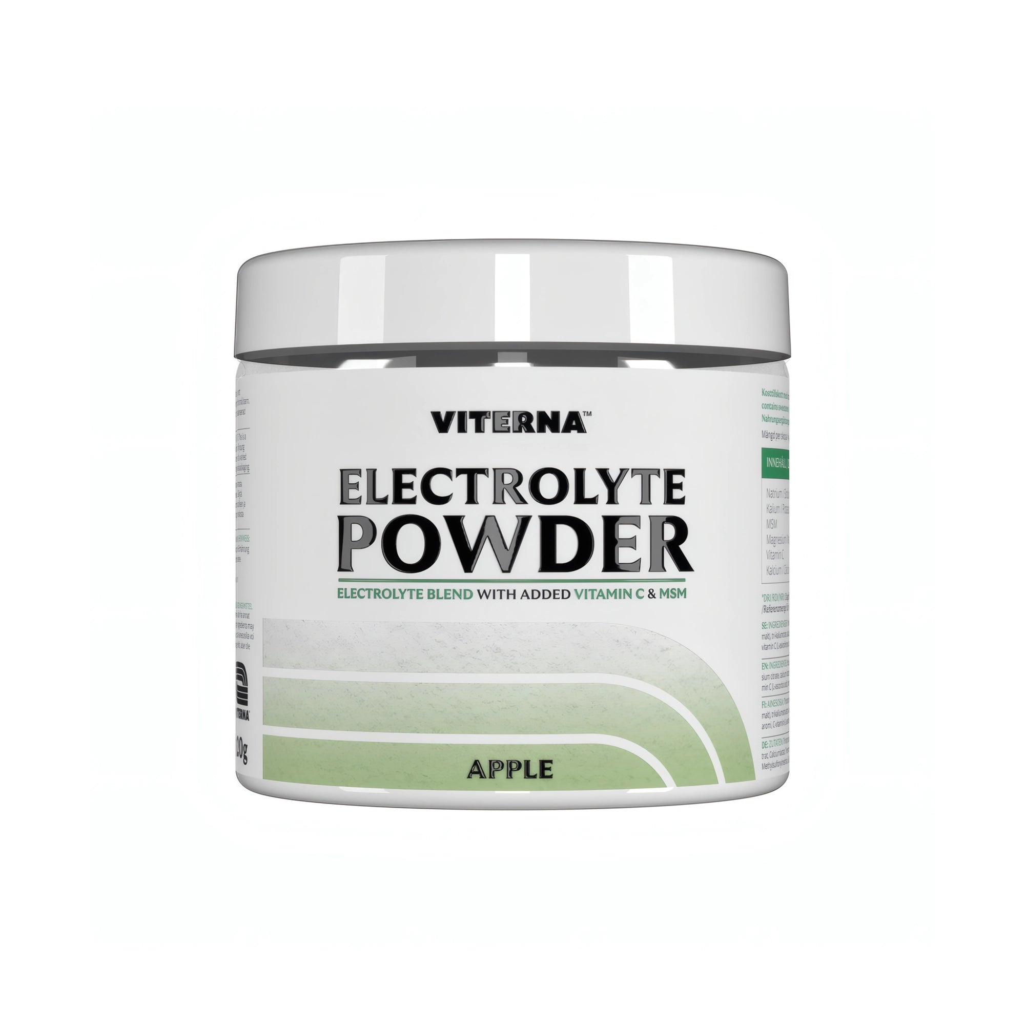 Viterna Electrolyte Powder 120 g elektrolyttpulver i en hvit boks med grønne detaljer for smaken Apple., bilde 5 av 7