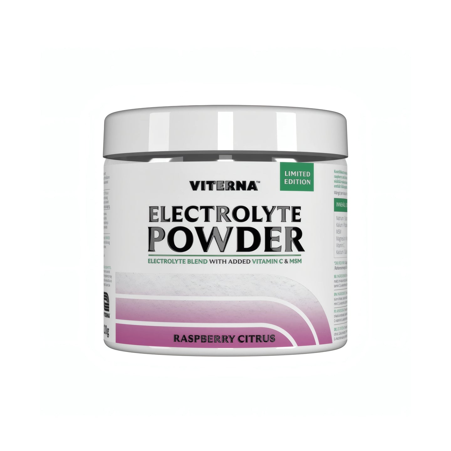 Viterna Electrolyte Powder 120 g elektrolyttpulver i en hvit boks med rosa og lilla detaljer for smaken Raspberry Citrus., bilde 6 av 7