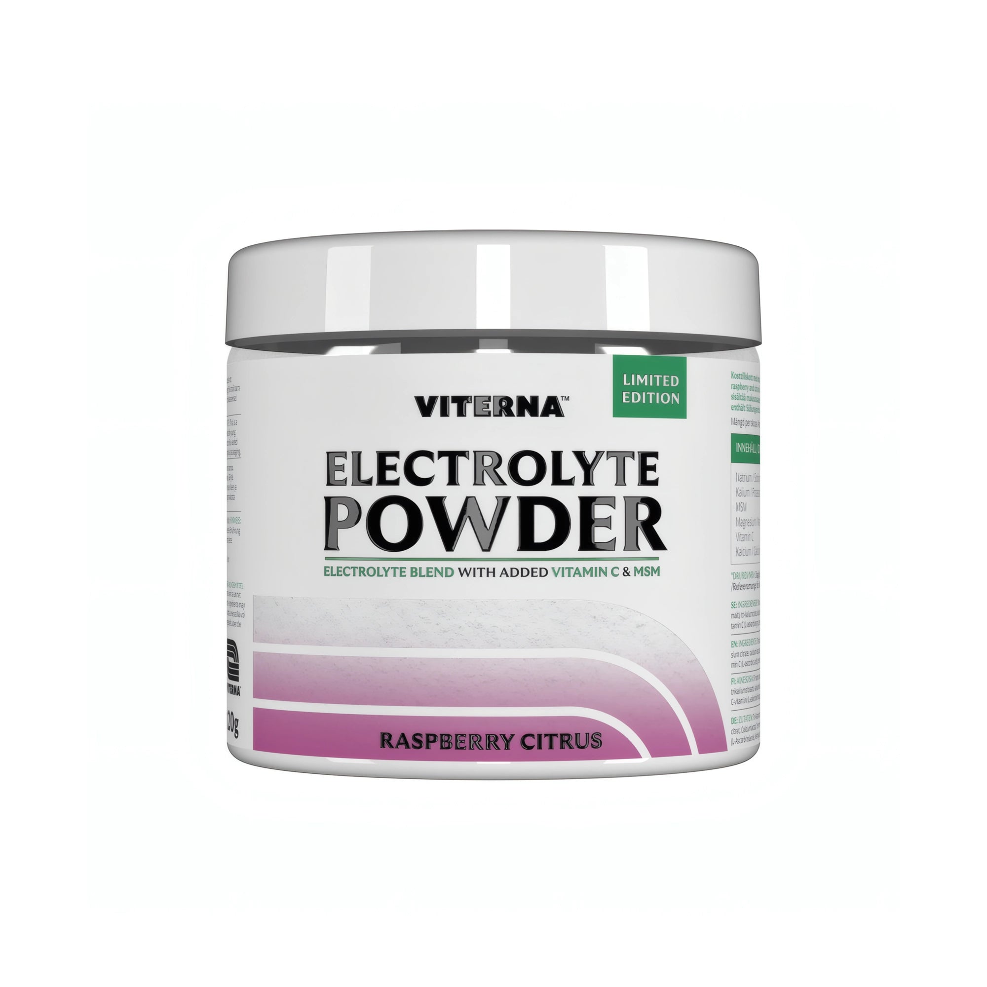 Viterna Electrolyte Powder 120 g elektrolyttpulver i en hvit boks med rosa og lilla detaljer for smaken Raspberry Citrus., bilde 6 av 7
