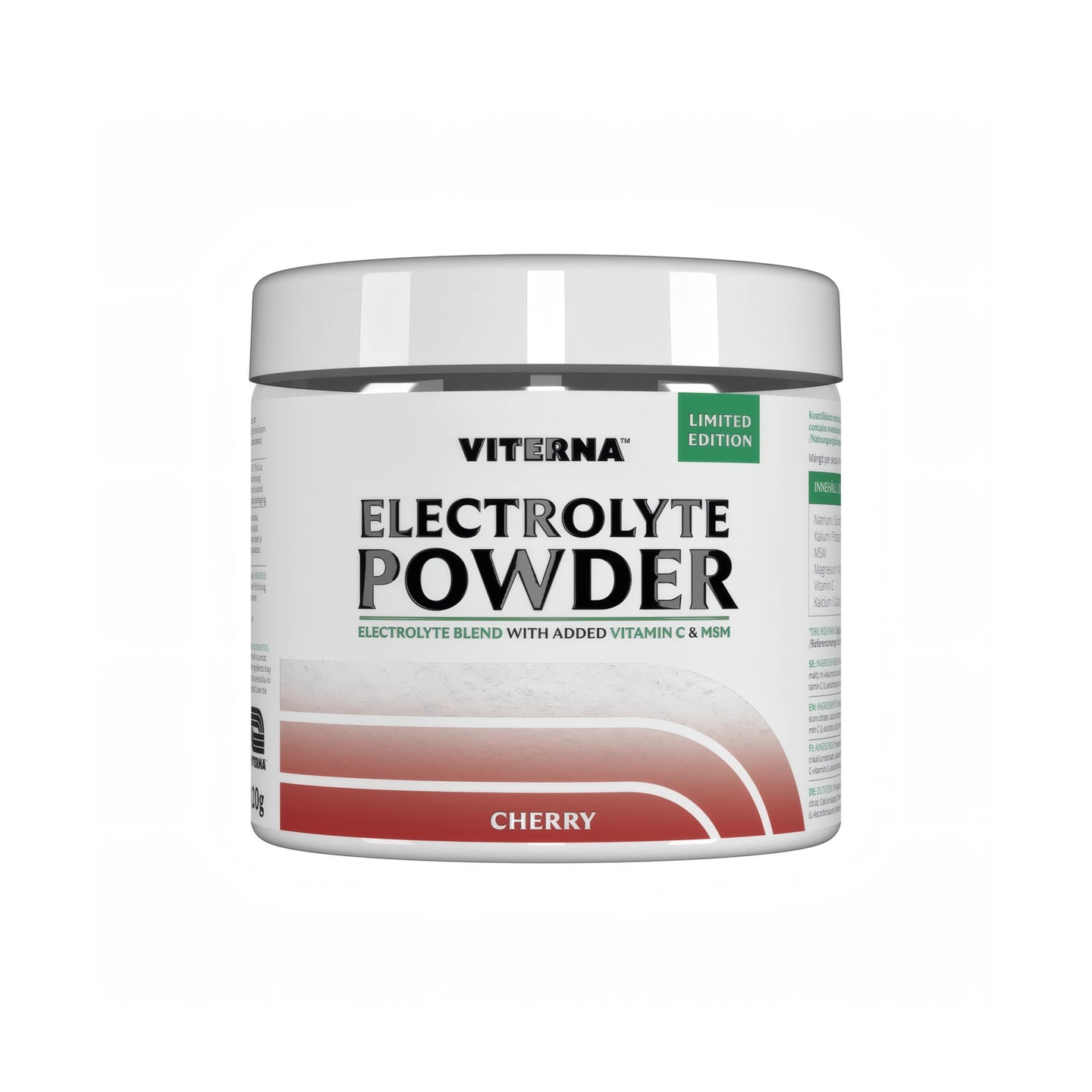 Viterna Electrolyte Powder 120 g elektrolyttpulver i en hvit boks med røde detaljer for smaken Cherry., bilde 7 av 7