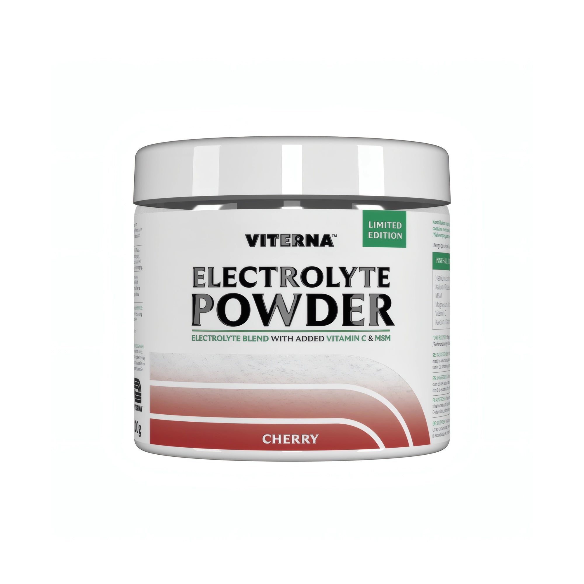 Viterna Electrolyte Powder 120 g elektrolyttpulver i en hvit boks med røde detaljer for smaken Cherry., bilde 7 av 7