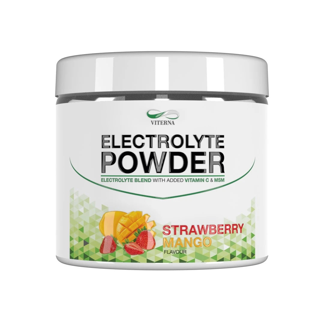 Viterna Electrolyte Powder 120 g i en hvit boks med grønn grafikk, smak av Strawberry Mango og fruktillustrasjoner.
