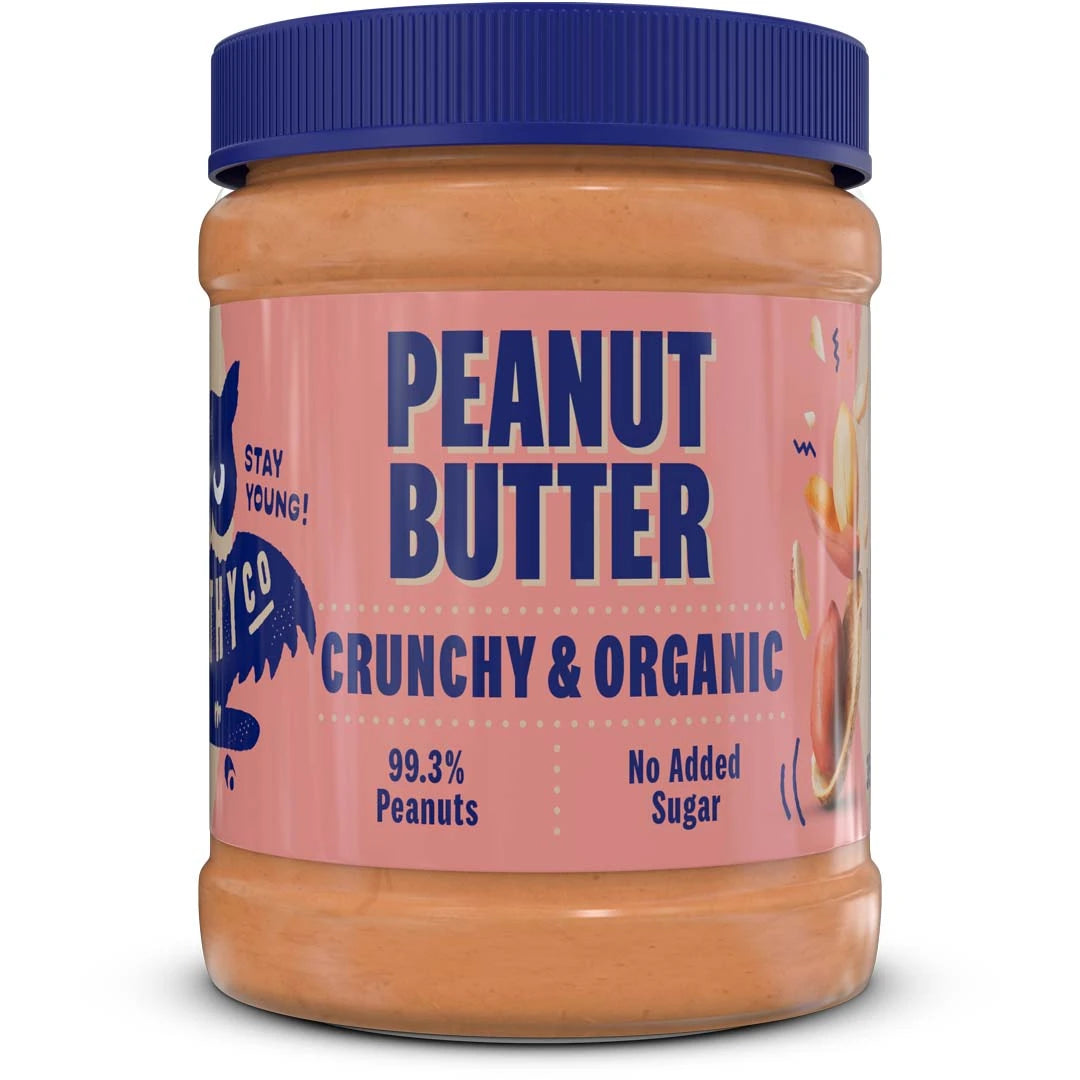 HealthyCo ECO Peanutbutter 350 g i en krukke med mørkeblått lokk og rosa etikett med blå tekst.