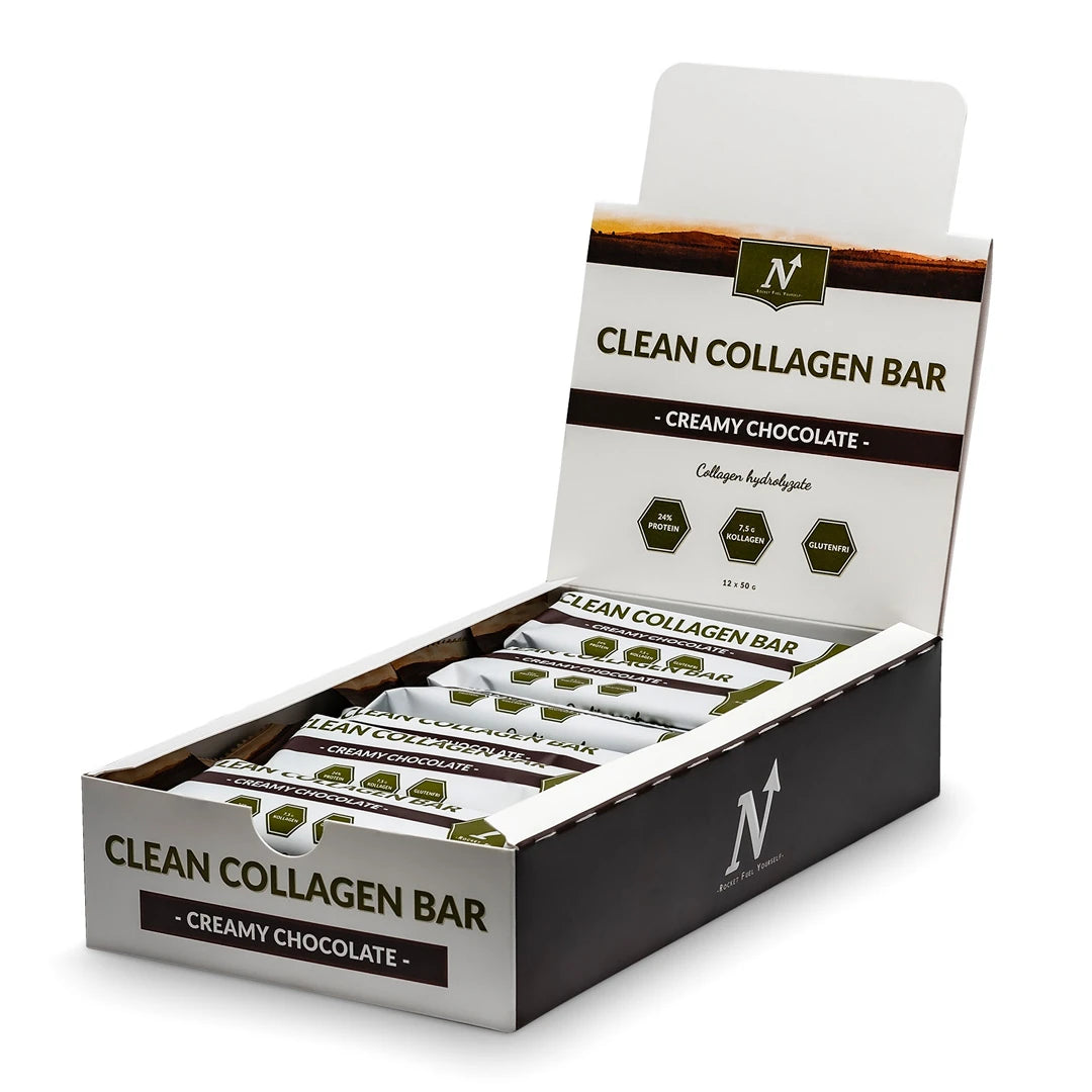 12 x Nyttoteket Clean Collagen Bar 50 g Creamy Chocolate i en hvit og brun eske fylt med matchende barer.