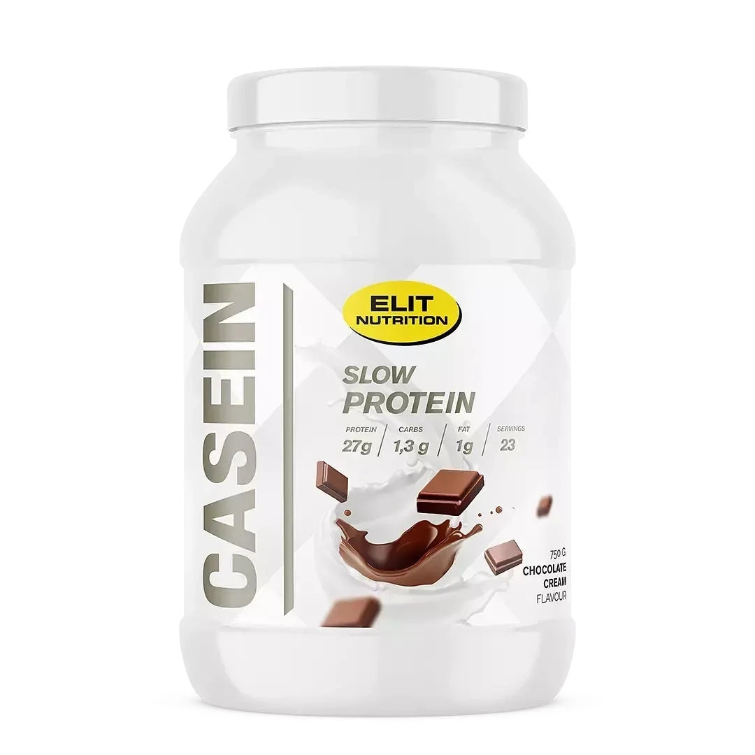 Elit Nutrition Casein 750 g kaseinprotein i hvit boks med sjokoladebiter på etiketten, smak Chocolate Cream.