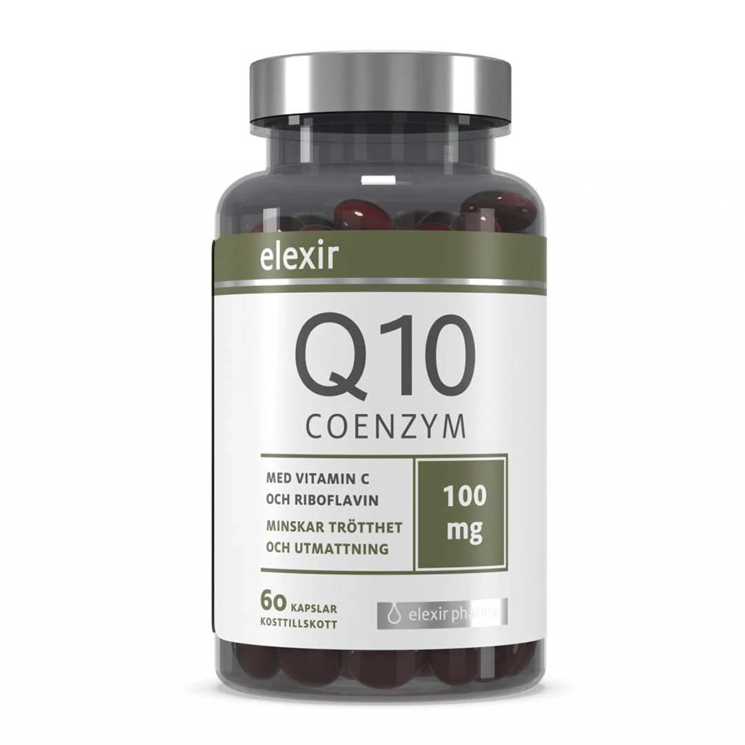 Elexir Pharma Coenzyme Q10 100 mg 60 caps i en gjennomsiktig boks med mørkegrønne kapsler, sølvlokk og hvit etikett.
