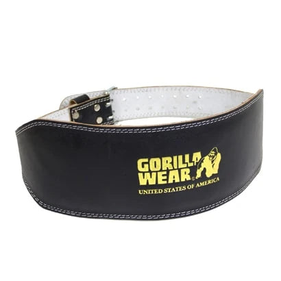 Gorilla Wear Full Leather Padded Belt, et svart treningsbelte i ekte lær med gullfarget logo.