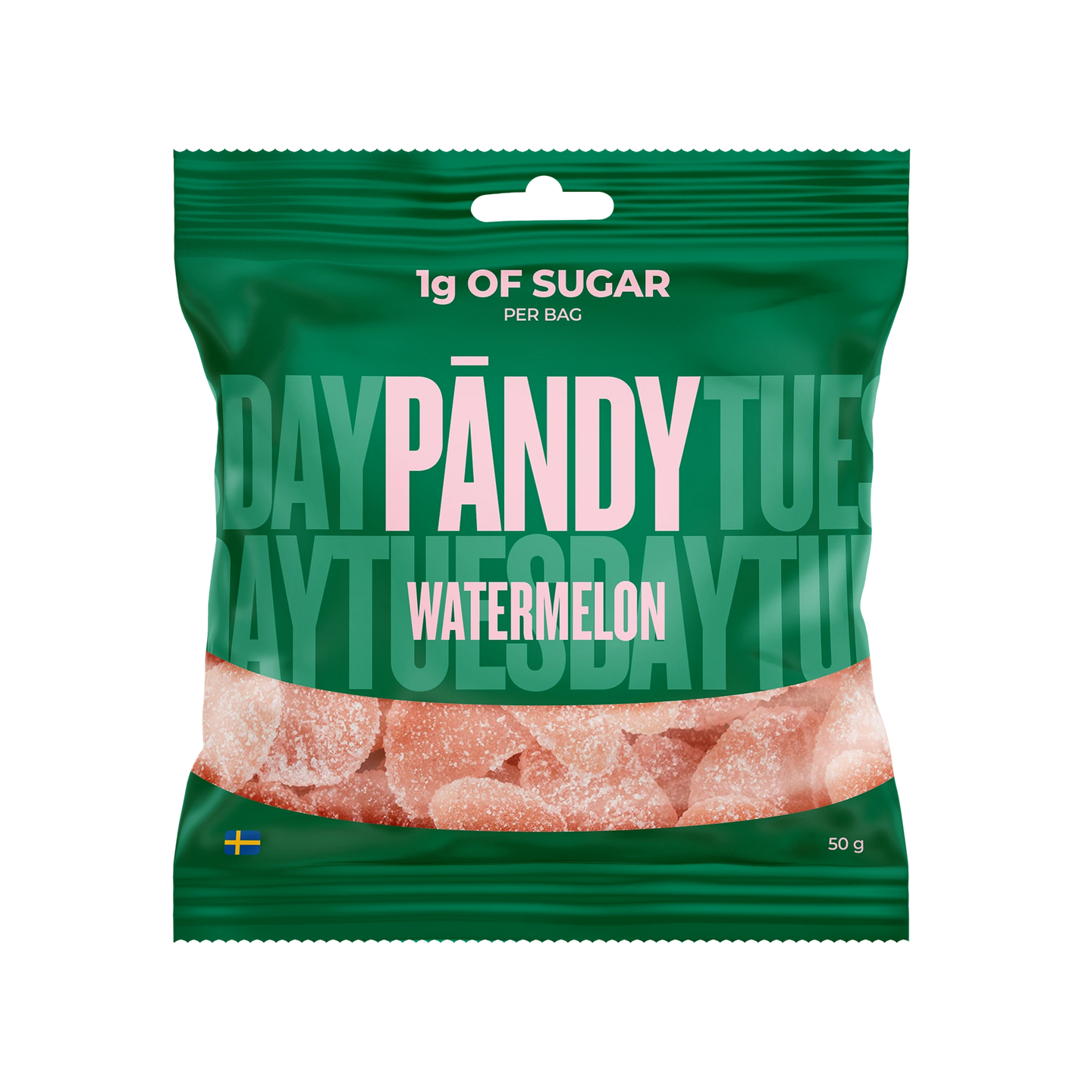 Pändy Candy 50 g Watermelon gelégodteri i en grønn pose med rosa detaljer., bilde 1 av 1