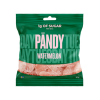 Pändy Candy 50 g Watermelon gelégodteri i en grønn pose med rosa detaljer.