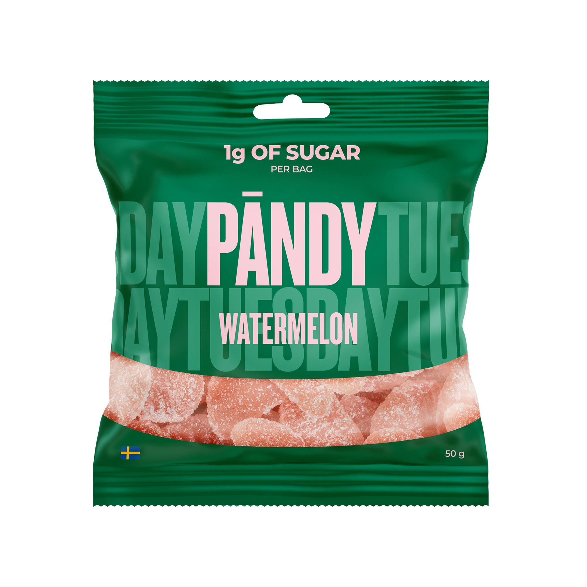 Pändy Candy 50 g Watermelon gelégodteri i en grønn pose med rosa detaljer., bilde 1 av 1