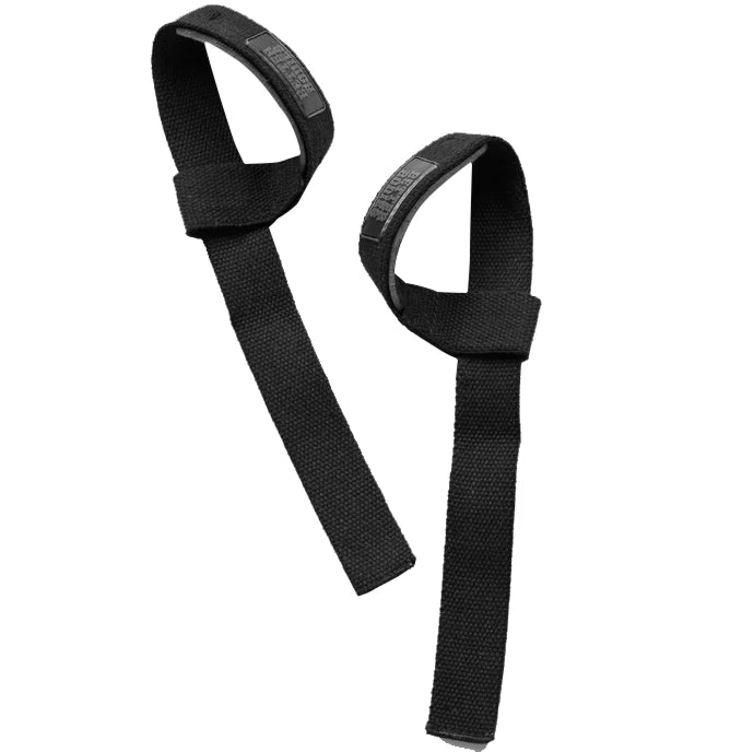Svarte Better Bodies Lifting Straps, justerbare dragremmer i bomull med neoprenpolstring for tunge løft.