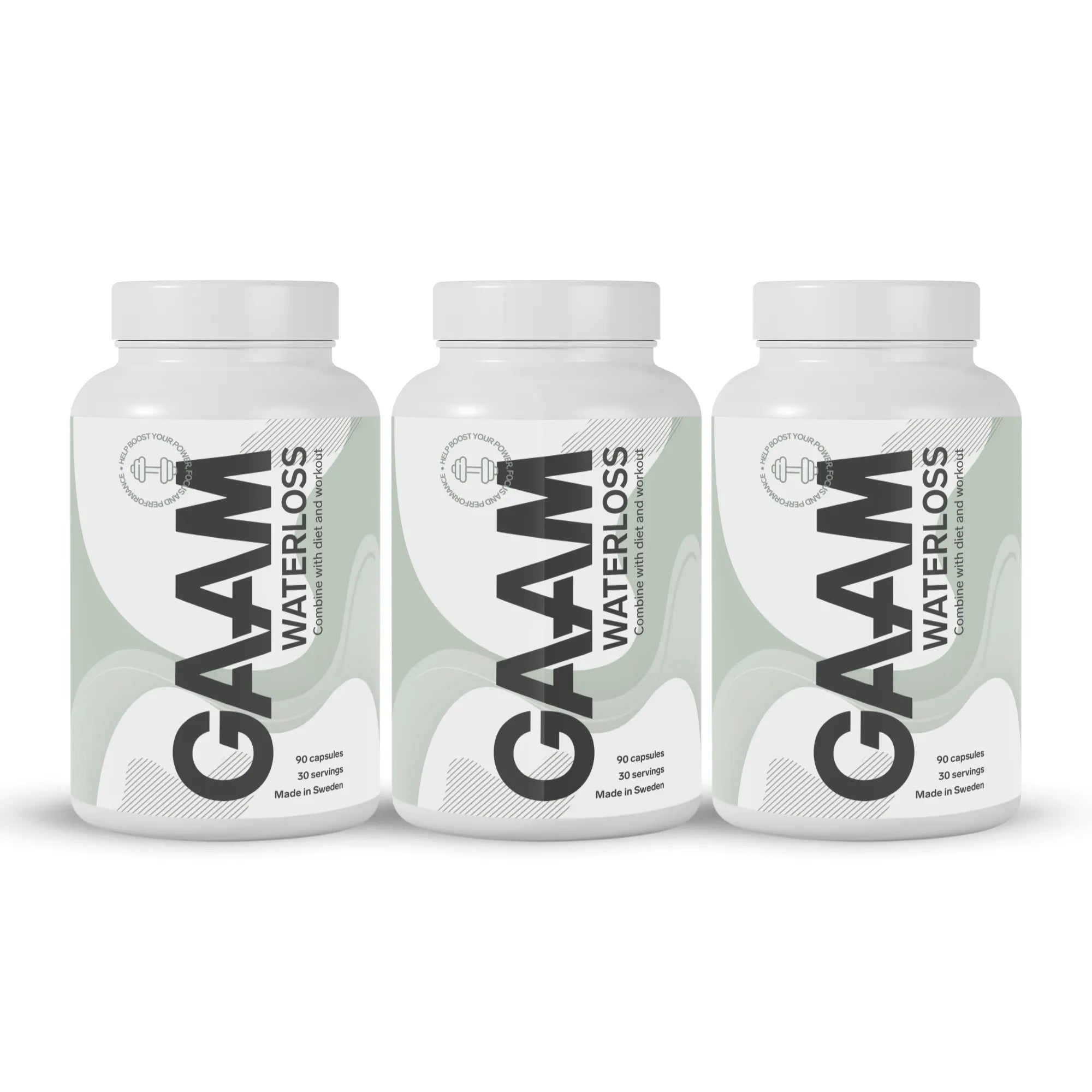 3 x GAAM Waterloss 90 caps i tre hvite bokser med lysegrønne detaljer og svart tekst.