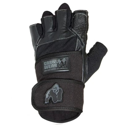 Gorilla Wear Dallas Wrist Wrap Gloves i svart materiale med håndleddsstropp og Gorilla Wear-logoer.