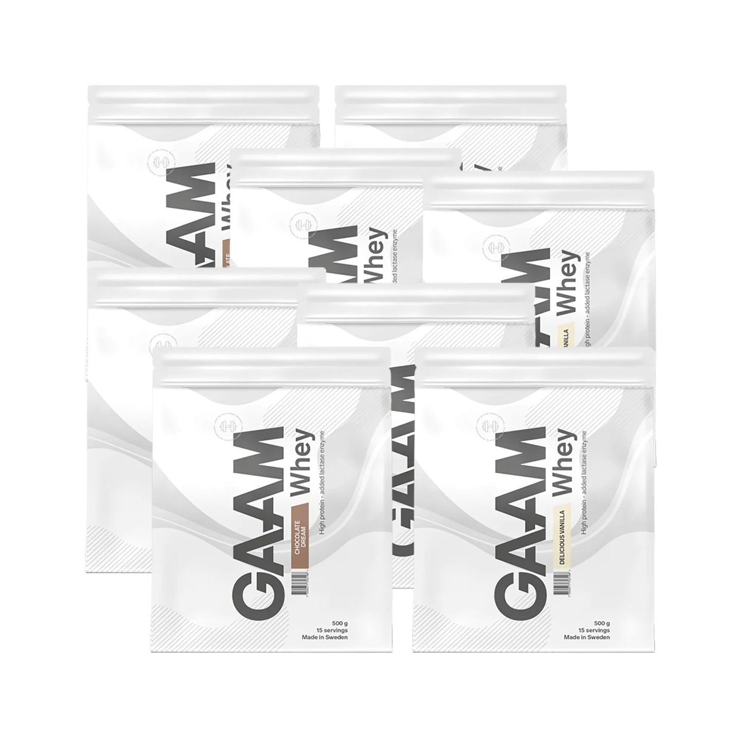 8 x GAAM Whey Proteinpulver 500 g i hvite poser med svarte detaljer for flere forskjellige smaker.