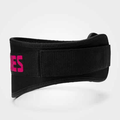 Better Bodies Womens gym belt Black/pink, et svart treningsbelte i neopren med rosa tekst og borrelås.