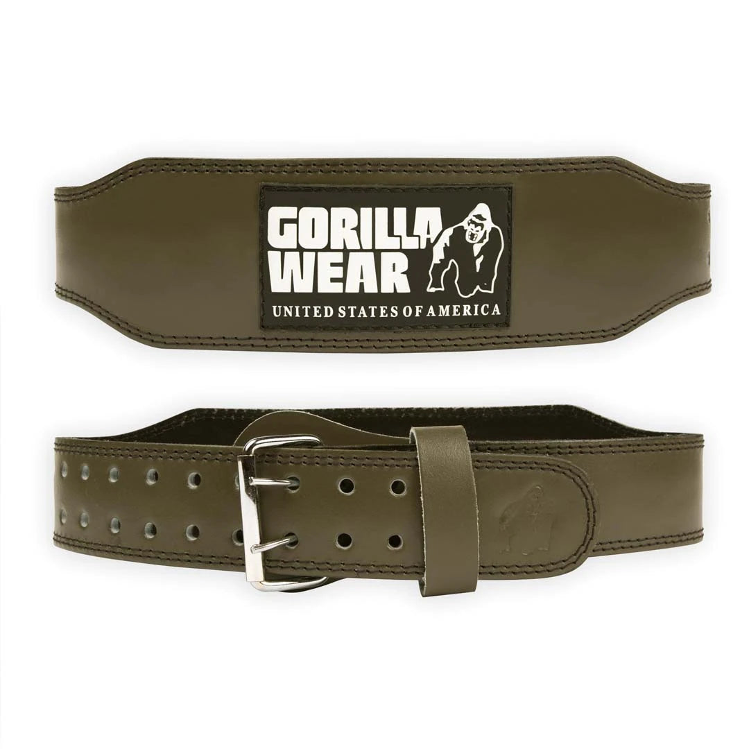 Gorilla Wear 4 Inch Padded Leather Belt Army Green, et armégrønt treningsbelte i lær med svart logo og stålspenne.
