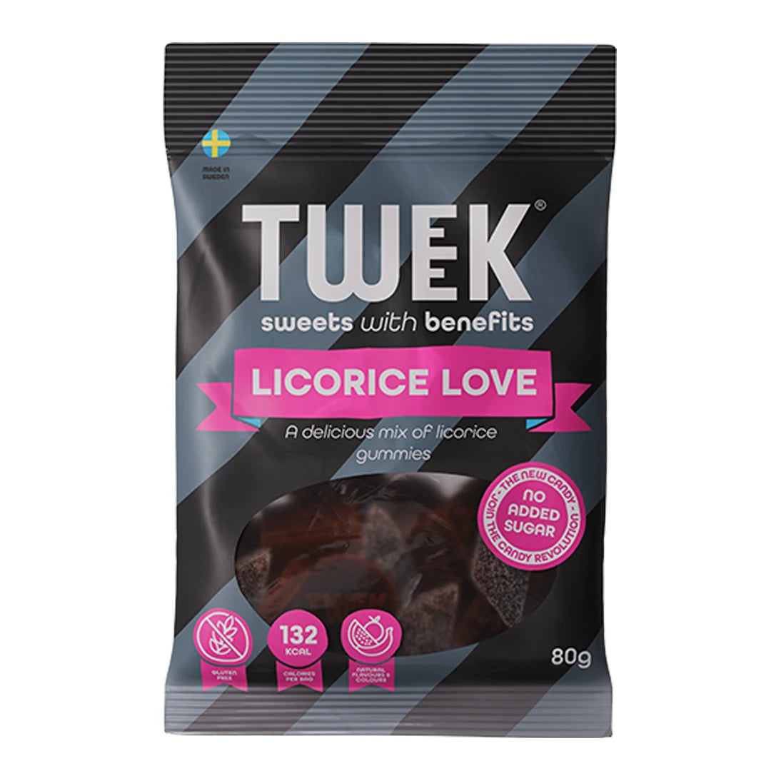 Tweek Sweets 80 g godteripose i svart og grått med rosa detaljer for smaken Licorice Love., bilde 6 av 7