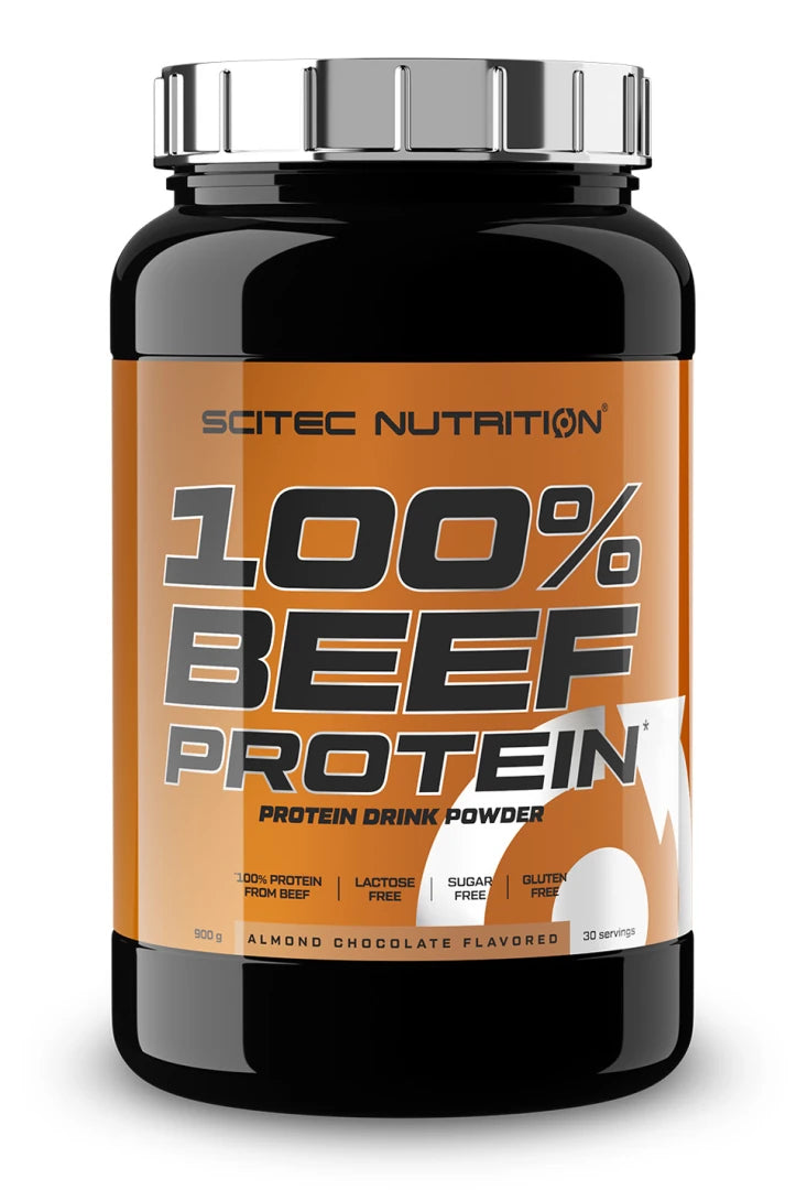 Scitec Nutrition 100% Hydro Beef Peptides 900 g biffproteinpulver i en svart boks med oransje etikett.