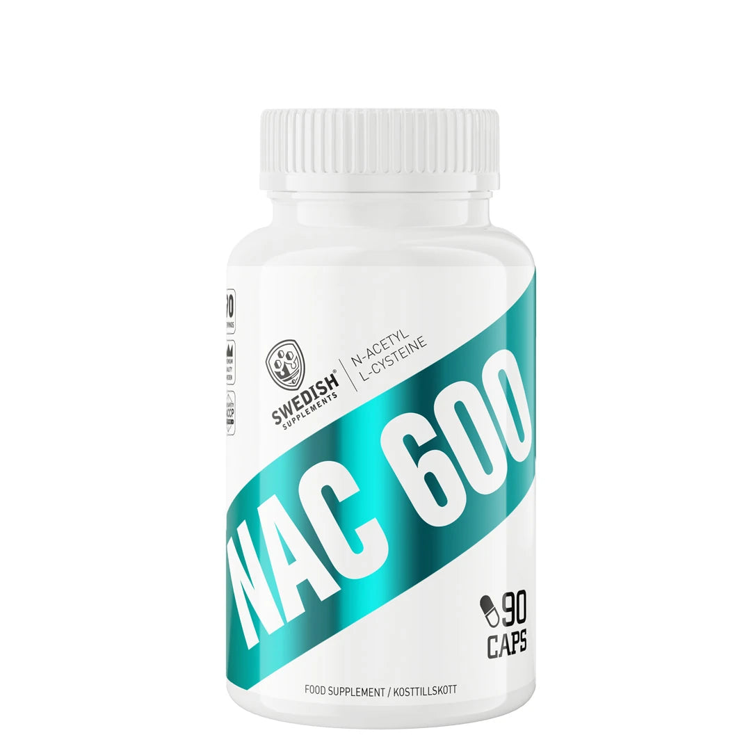 Swedish Supplements NAC 600 90 caps i en hvit boks med turkis tekst for aminosyren N-acetyl-L-cystein.