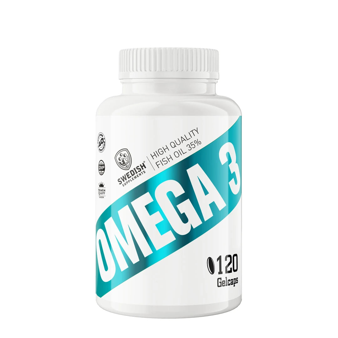 Swedish Supplements Omega 3 70% 120 caps i en hvit boks med turkise detaljer.