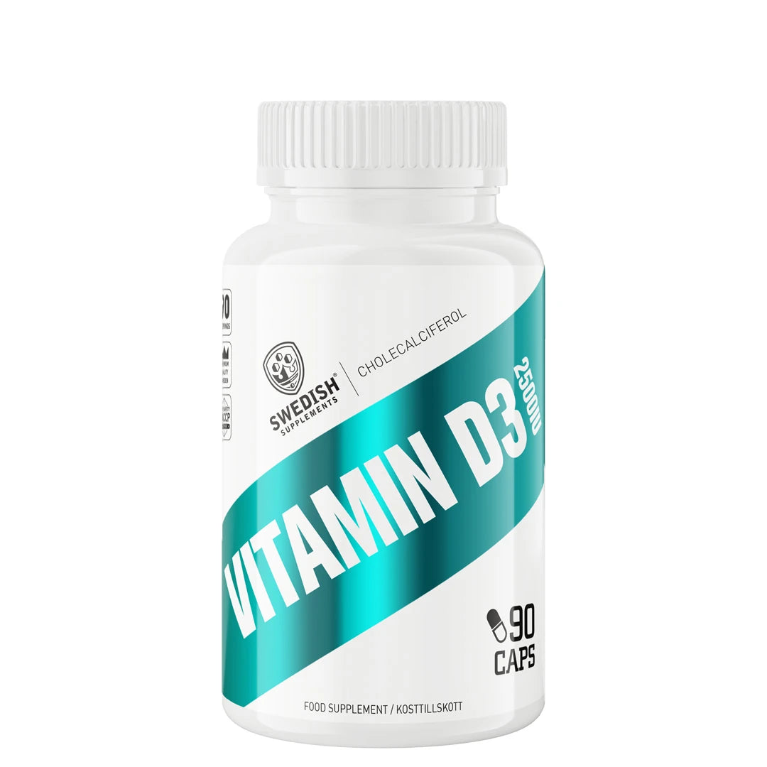 Swedish Supplements Vitamin D3 2500IU 90 caps i en hvit boks med turkis og svart etikett.