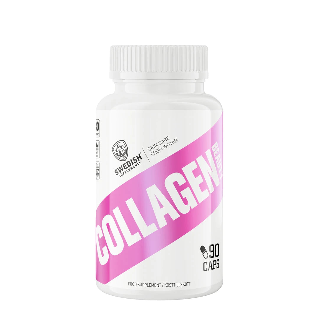 Swedish Supplements Collagen Beauty 90 caps kosttilskudd pakket i en hvit boks med store rosa detaljer.
