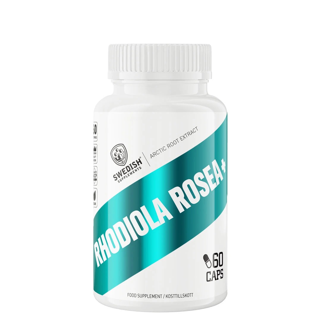 Swedish Supplements Rhodiola Rosea+ 60 caps kosttilskudd i en hvit boks med turkise detaljer på etiketten.