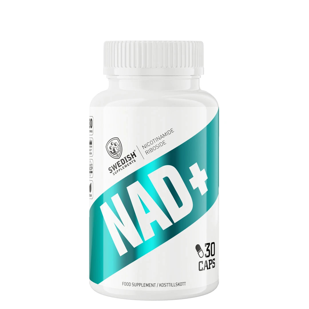 Swedish Supplements NAD+ 30 caps i en hvit boks med en bred turkis kant og svart tekst.