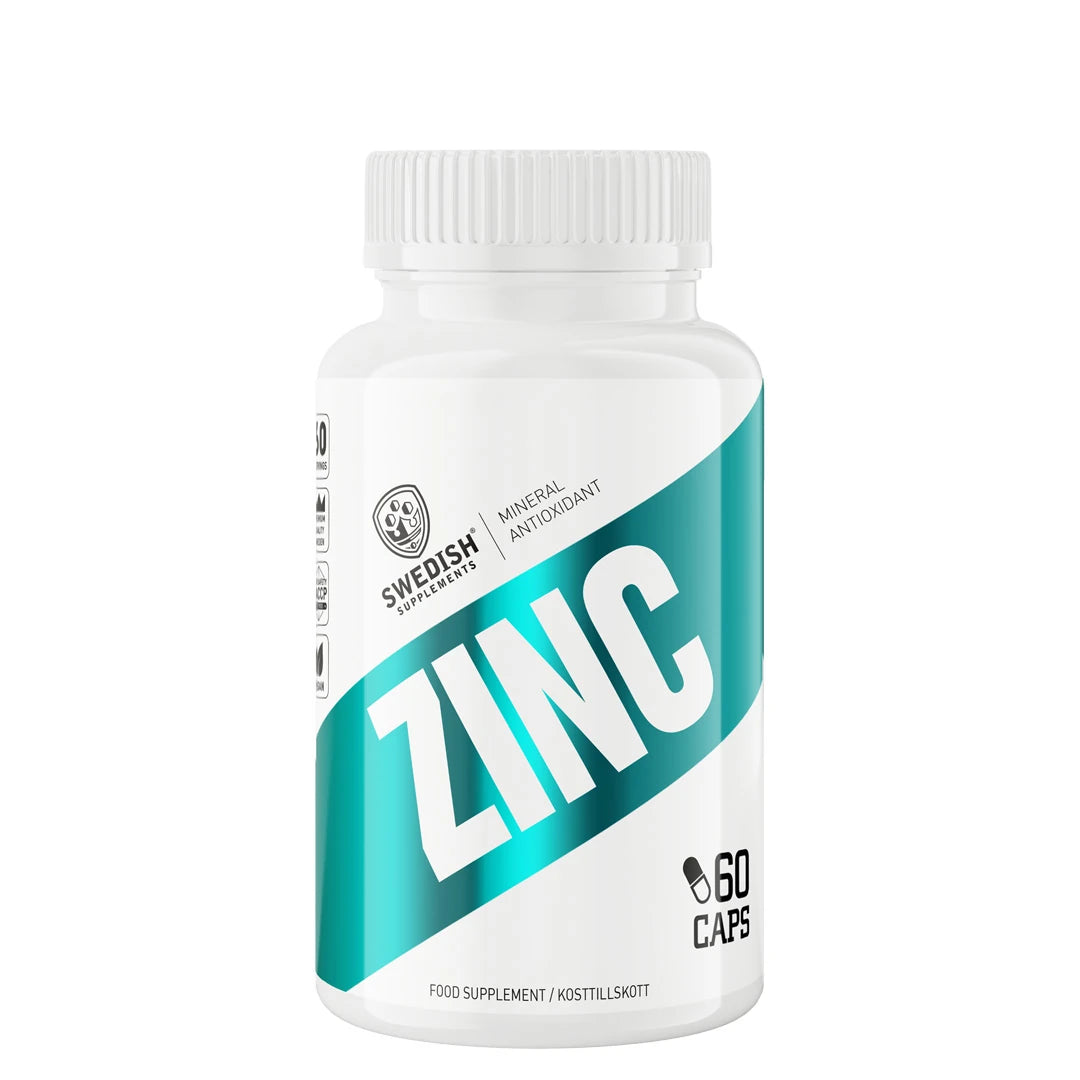 Swedish Supplements Zink 60 caps kosttilskudd, pakket i en hvit boks med turkise detaljer.