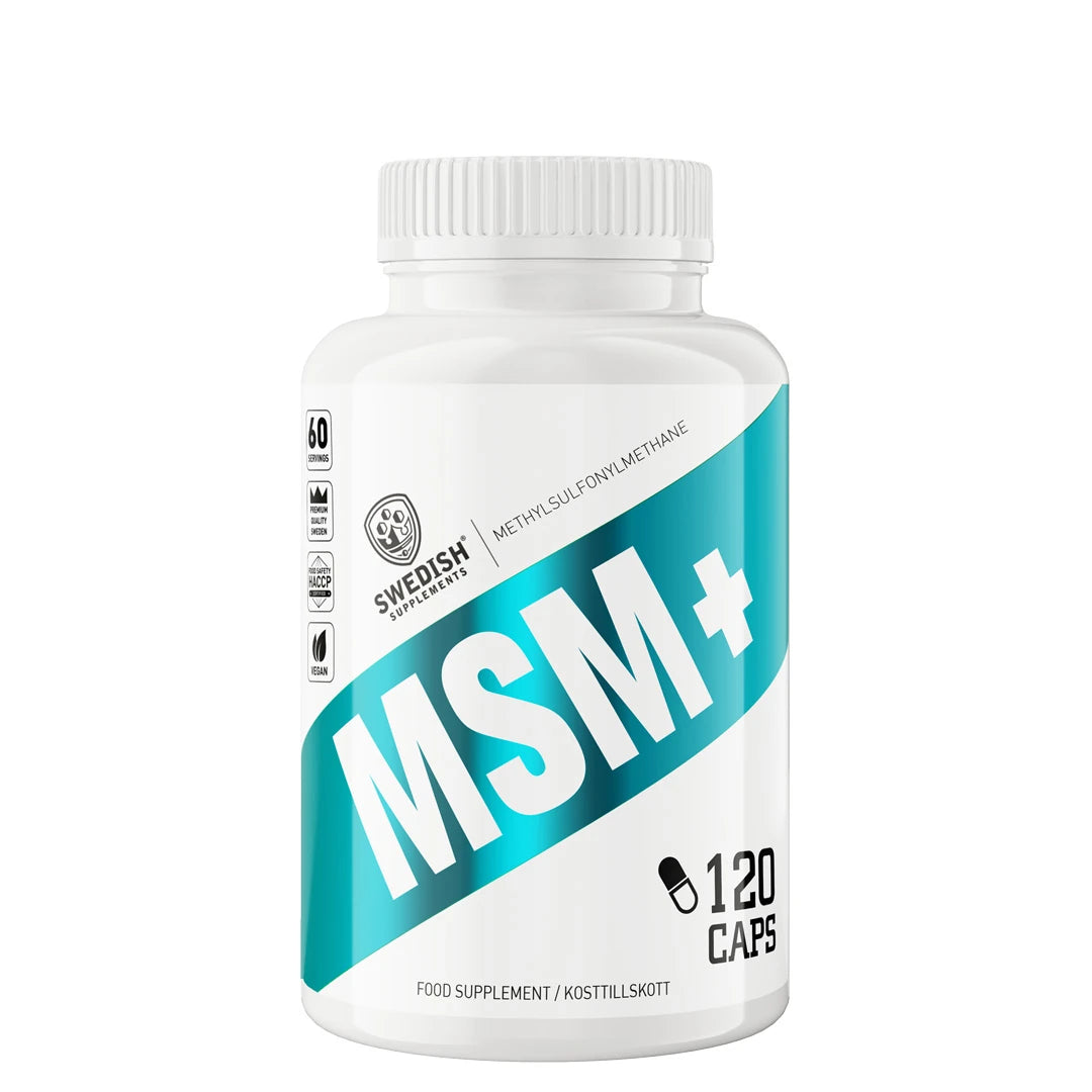 Swedish Supplements MSM+ 120 caps i en hvit boks med en turkis skråstilt stripe og hvit tekst.