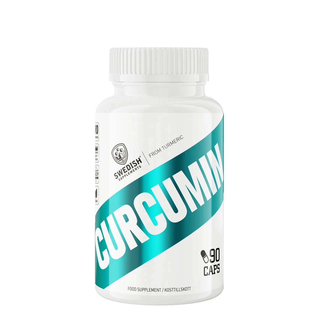 Swedish Supplements Curcumin 90 caps kosttilskudd i en hvit plastboks med turkise grafiske detaljer.