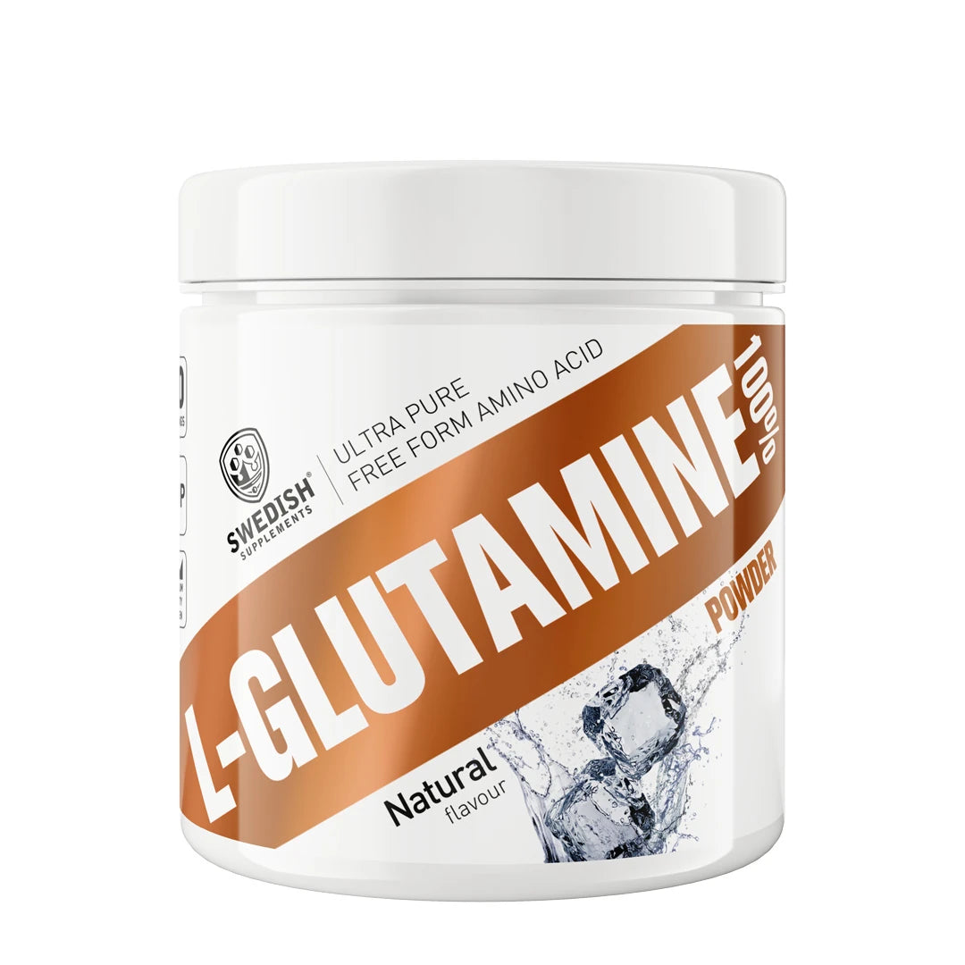Swedish Supplements L-Glutamine 250 g aminosyrepulver i en hvit boks med bronsefargede detaljer og naturell smak., bilde 1 av 1