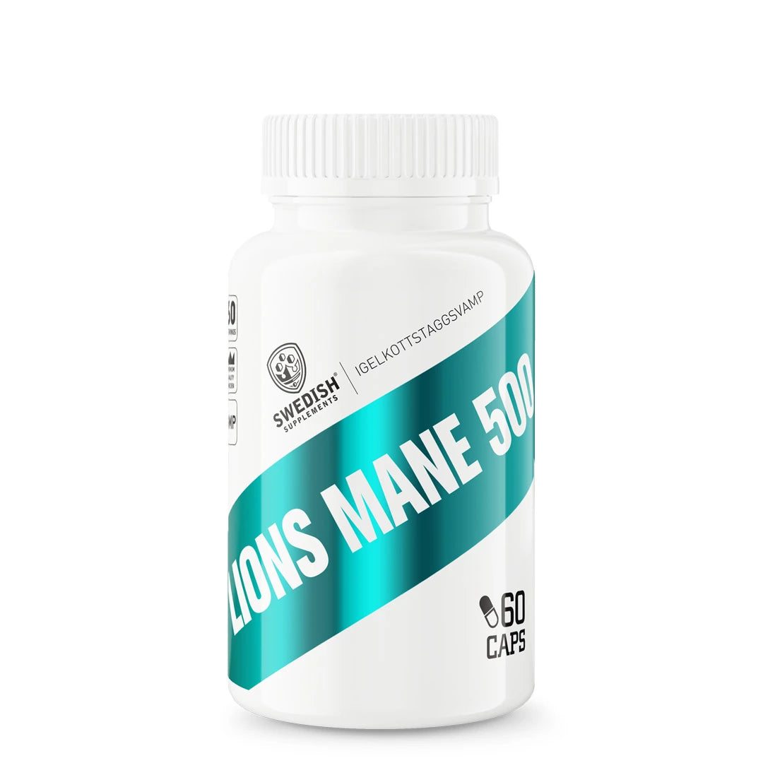 Swedish Supplements Lions Mane 500 60 caps i en hvit boks med turkise detaljer.