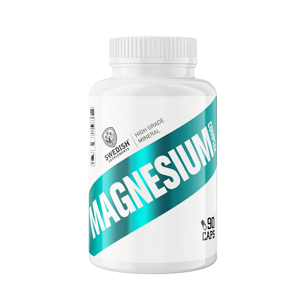 Swedish Supplements Magnesium Complex 90 caps i en hvit boks med en bred turkis detalj over etiketten.