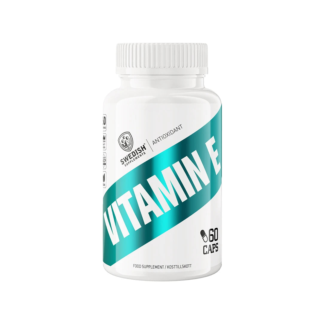 Swedish Supplements Vitamin E 60 caps i en hvit boks med grønn etikett og tekst for antioksidant.