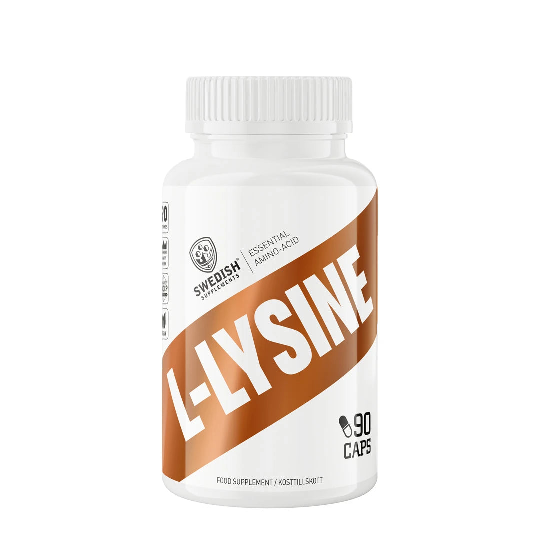 Swedish Supplements L-Lysin 90 caps pakket i en hvit plastboks med brune detaljer.