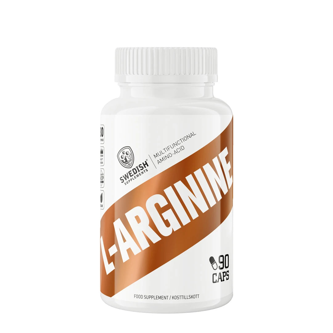 Swedish Supplements L-Arginin 90 caps aminosyre i en hvit plastboks med brune detaljer på etiketten.