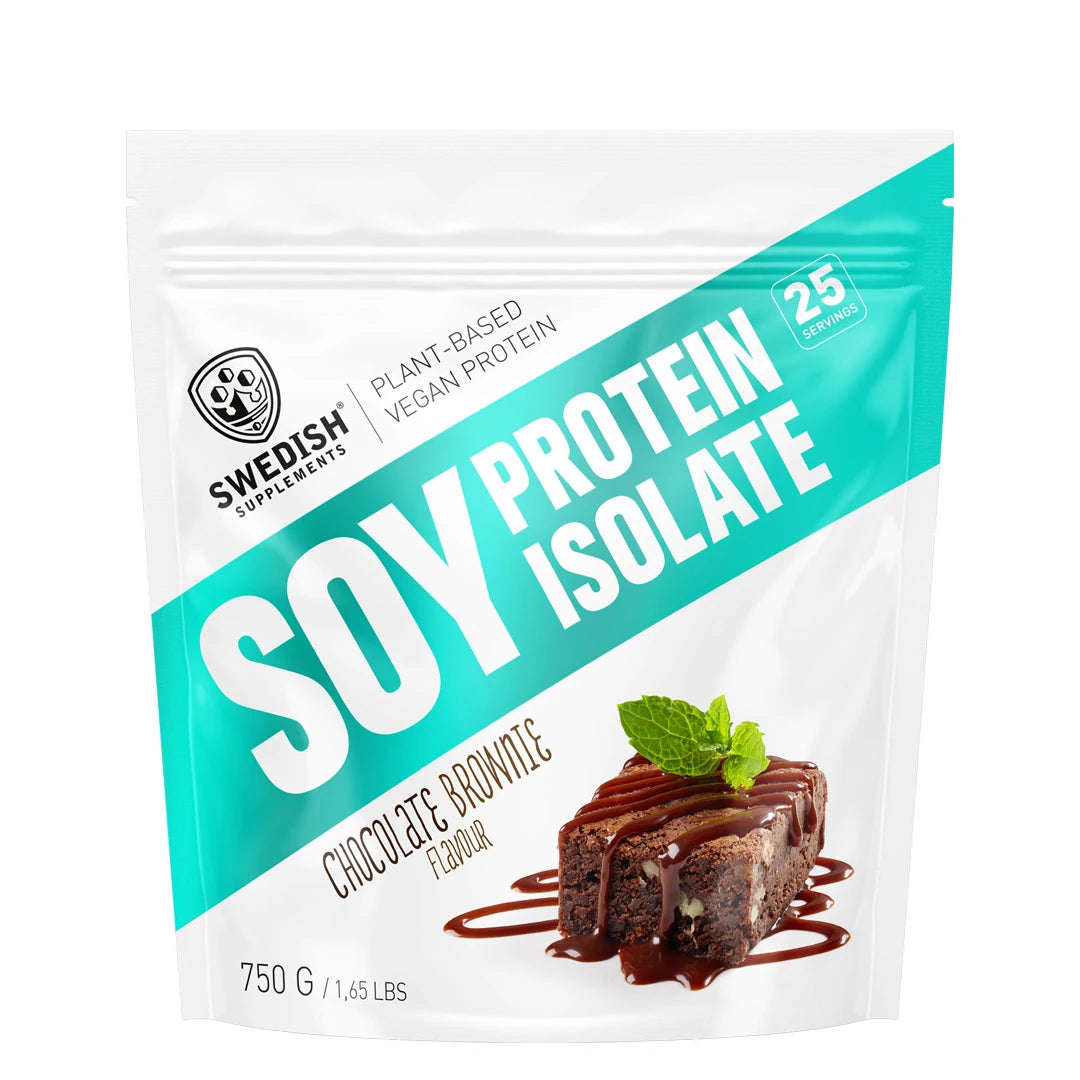 Swedish Supplements Soy Protein Isolate 750 g Naturell proteinpulver i en hvit pose med turkise detaljer og en brownie.