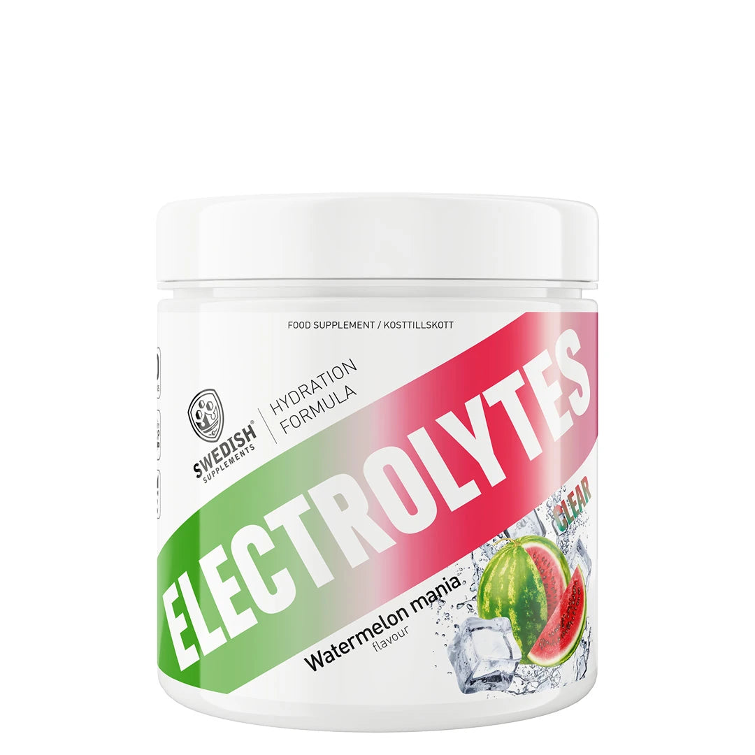 Swedish Supplements Clear Electrolytes 240 g i en hvit boks med motiv av vannmelon og is for smaken Watermelon Mania.