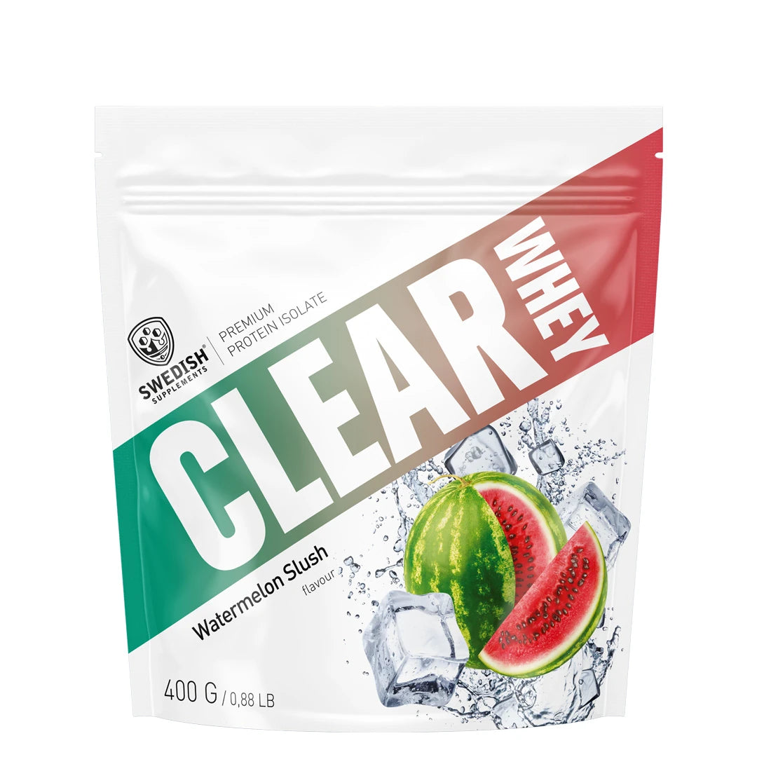 Swedish Supplements Clear Whey 400 g proteinpulver i en hvit pose med rød og grønn grafikk for smaken Watermelon Slush.